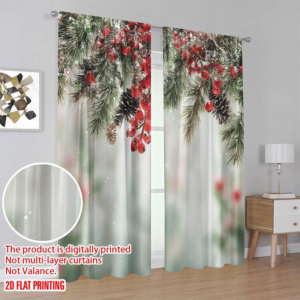 2pcs,2D plane printing Light Filtering Curtains Evergreen Fir Branches Red Ripe Holly Berries Versatile Durable Polyester