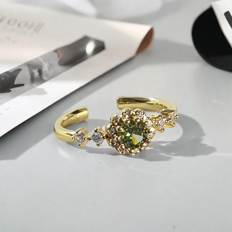 Court Style Retro Olive Green Zircon Colored Treasure Open Ring Ring Simple Light Luxury Niche Design Stacked Ring Woman