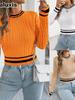 Autumn Winter Color Block Striped Crew Neck Cable Knit Long Sleeve Short Cardigan Women's Clothing