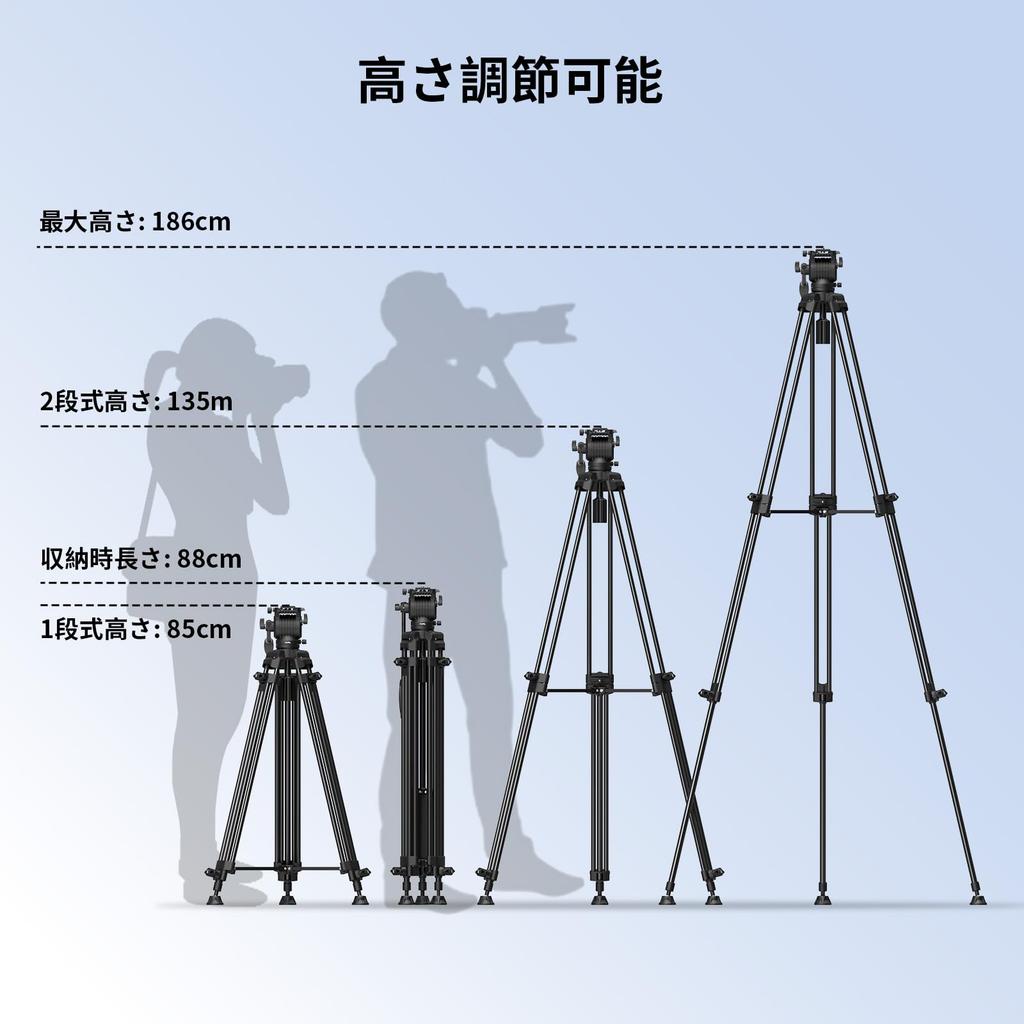 SmallRig Aluminum Alloy Video 8kg Max to Tilt Fluid Compact Travel 88cm Folded 5440 AD-14 Heavy-Duty Tripod, 186cm, Load, +85° -78° Range, Head,