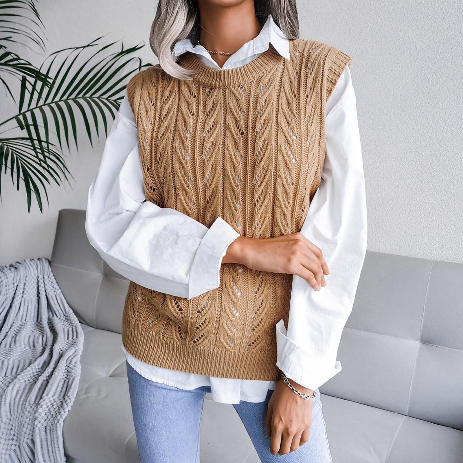 

College Casual Loose Knit Vest Fashion Women s Hollow Leaf V-neck Sweater M