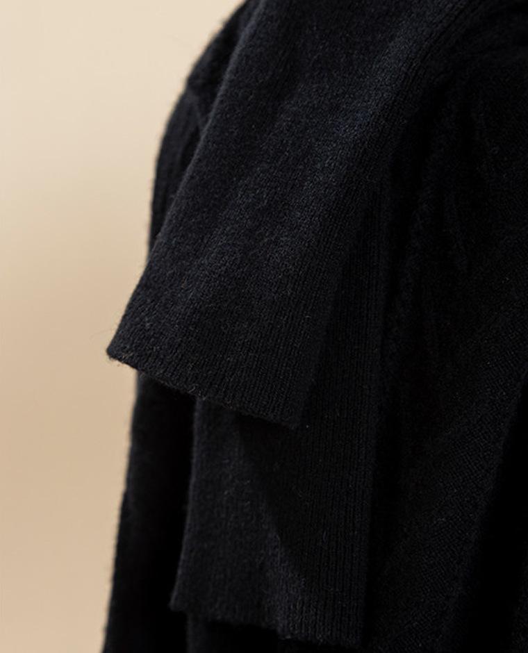 Women's Black Long Sleeve Knitted Wool Dress with Coat, Mid-Length, Over Knee, 2024 Autumn/Winter.