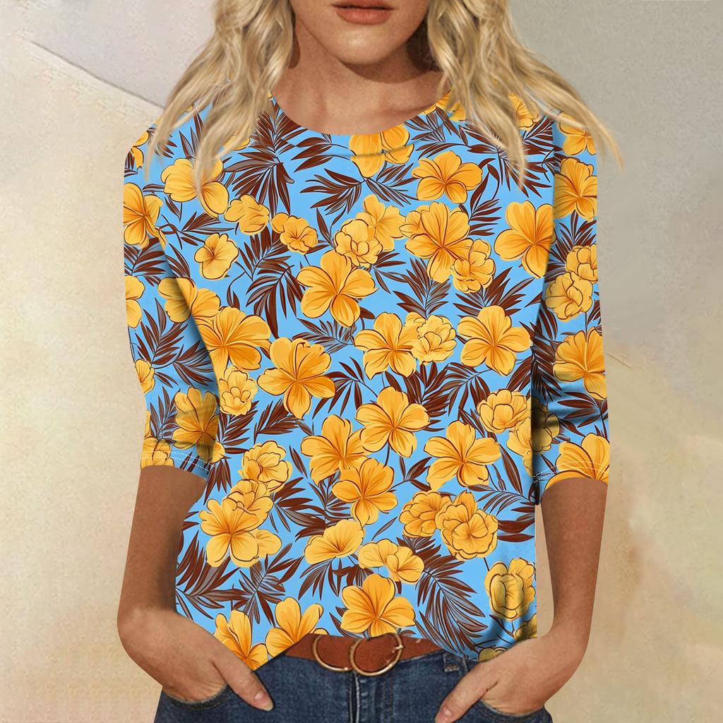 Módní vintage top s 3/4 rukávem pro ženy, dámská ležérní halenka s tříčtvrtečním rukávem a kulatým výstřihem s potiskem