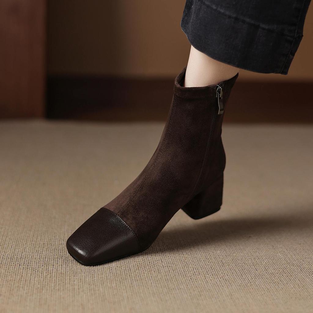 Krazing Pot Microfiber Winter Round Toe Western Boots Thick High Heels Zipper Women Flock Patch Work Ankle Boots