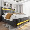Upholstered Bed 160*200 Cm with LED Lighting USB Socket, Headboard with Shelves and Storage Space with 4 Drawers, Double Bed for Adults, Linen Grey