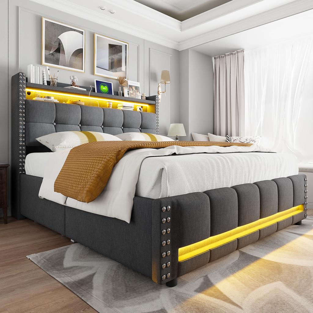 Upholstered Bed 160*200 Cm with LED Lighting USB Socket, Headboard with Shelves and Storage Space with 4 Drawers, Double Bed for Adults, Linen Grey