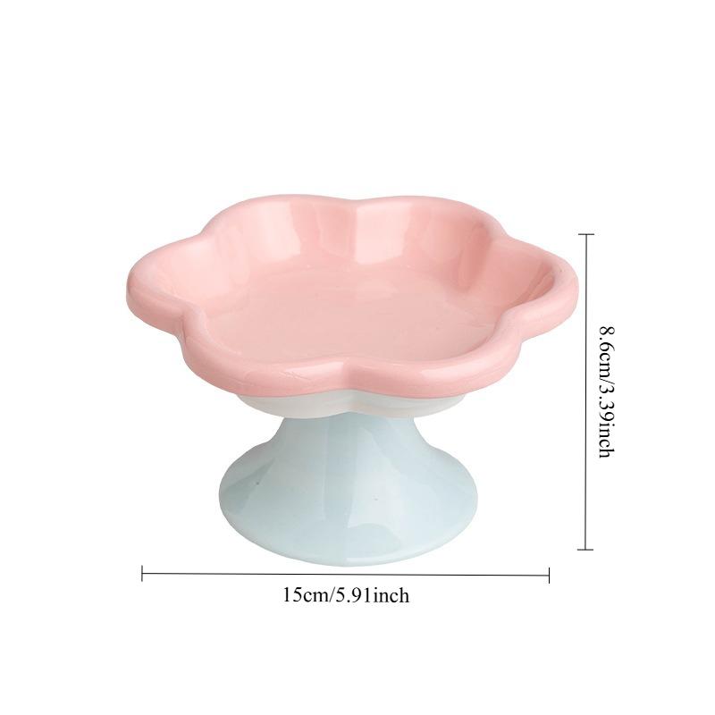 Ceramic Elevated Cat Bowl With Stand For Neck Protection, Raised Flower Design Food Water Plate Snack Dish
