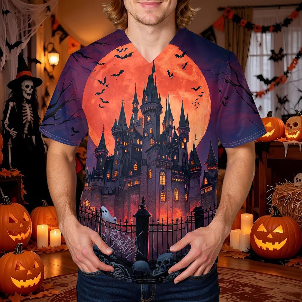 Men's Halloween Print V-Neck Scrub Top with Pockets Comfort Fit for Daily Work