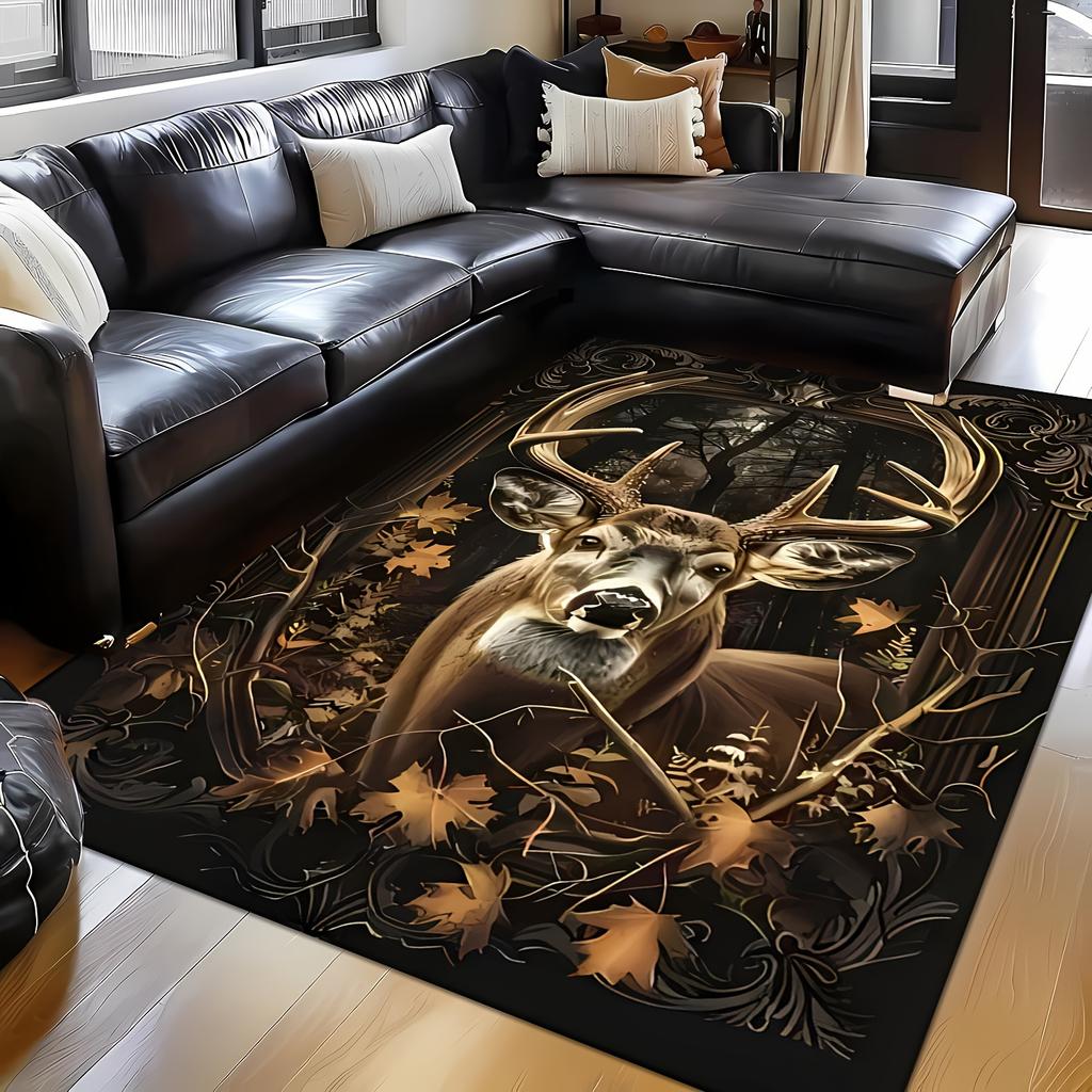 Vintage Autumn Deer Print Non-Slip Area Rug, Soft Flannel Carpet for Living Room Bedroom Entryway Study Game Room Decor