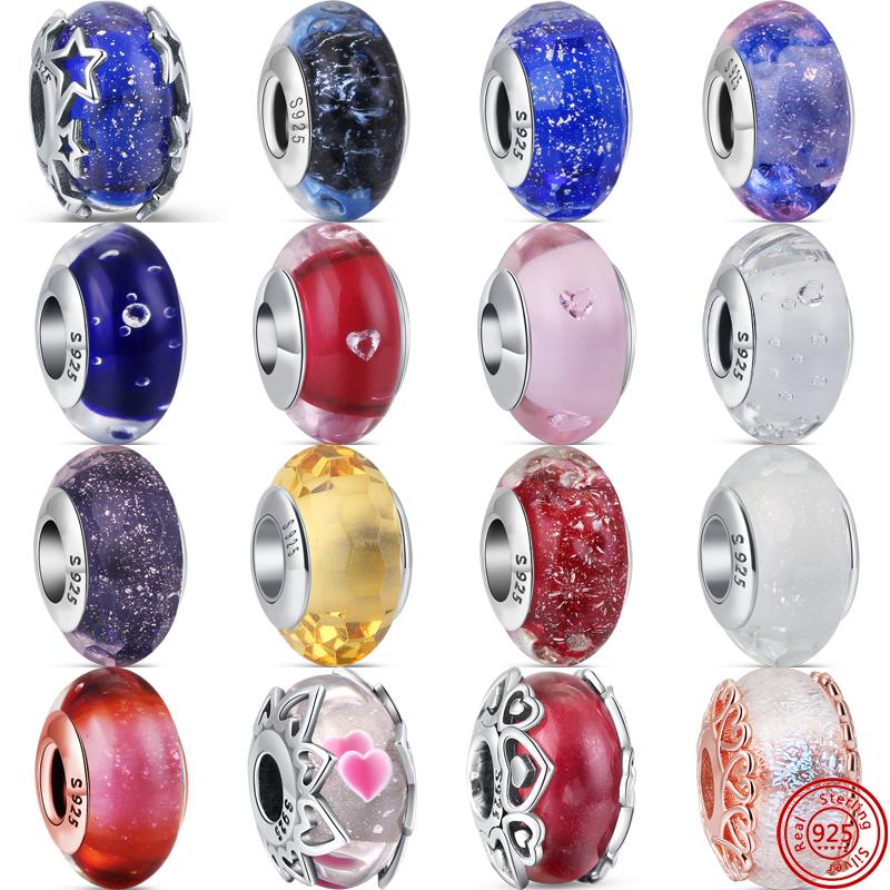 

925 Серебро Муранское Стекло Сердца Звезды Пузыри Блестящие Красочные Однотонные Цирконовые Бусины Подходят Оригинальные Шармы Браслет Ювелирные Изделия