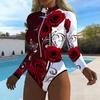 Women Long Sleeve One Piece Swimsuit Zip Front Rose Print Rash Guard Surfing Bathing Suit