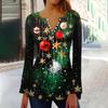 Women's Fashion Christmas Printed V-Neck Long Flared Sleeve Pleated Button T-Shirt Top