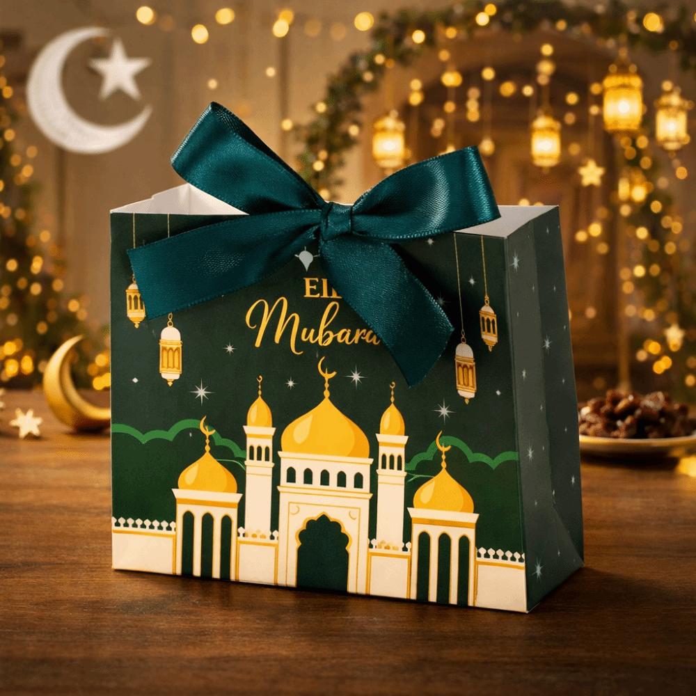10 Stück Mehrfarbige Eid und Ramadan Geschenkboxen Stern/Mond Tragbare Eid Geschenkbox Satinband Schleife DIY Ramadan Geschenkbox