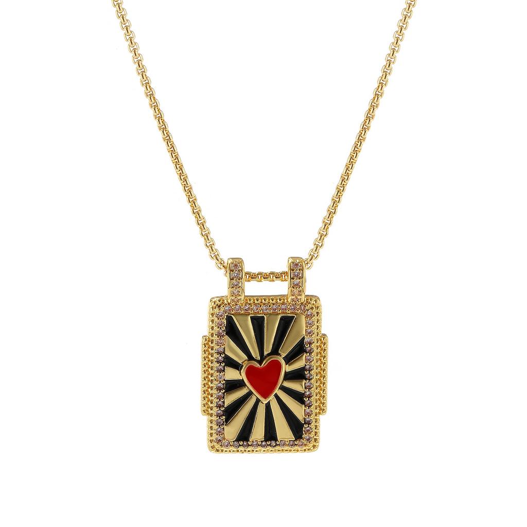 1pc Enamel Heart Pendant Necklace 18K Gold Plated Multicolor Brass Link Cable Chain Rectangle Charm Necklace 45cm + 5cm Long