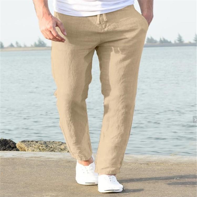 Men's linen summer casual pants drawstring elastic waist solid color breathable daily pencil small feet trousers