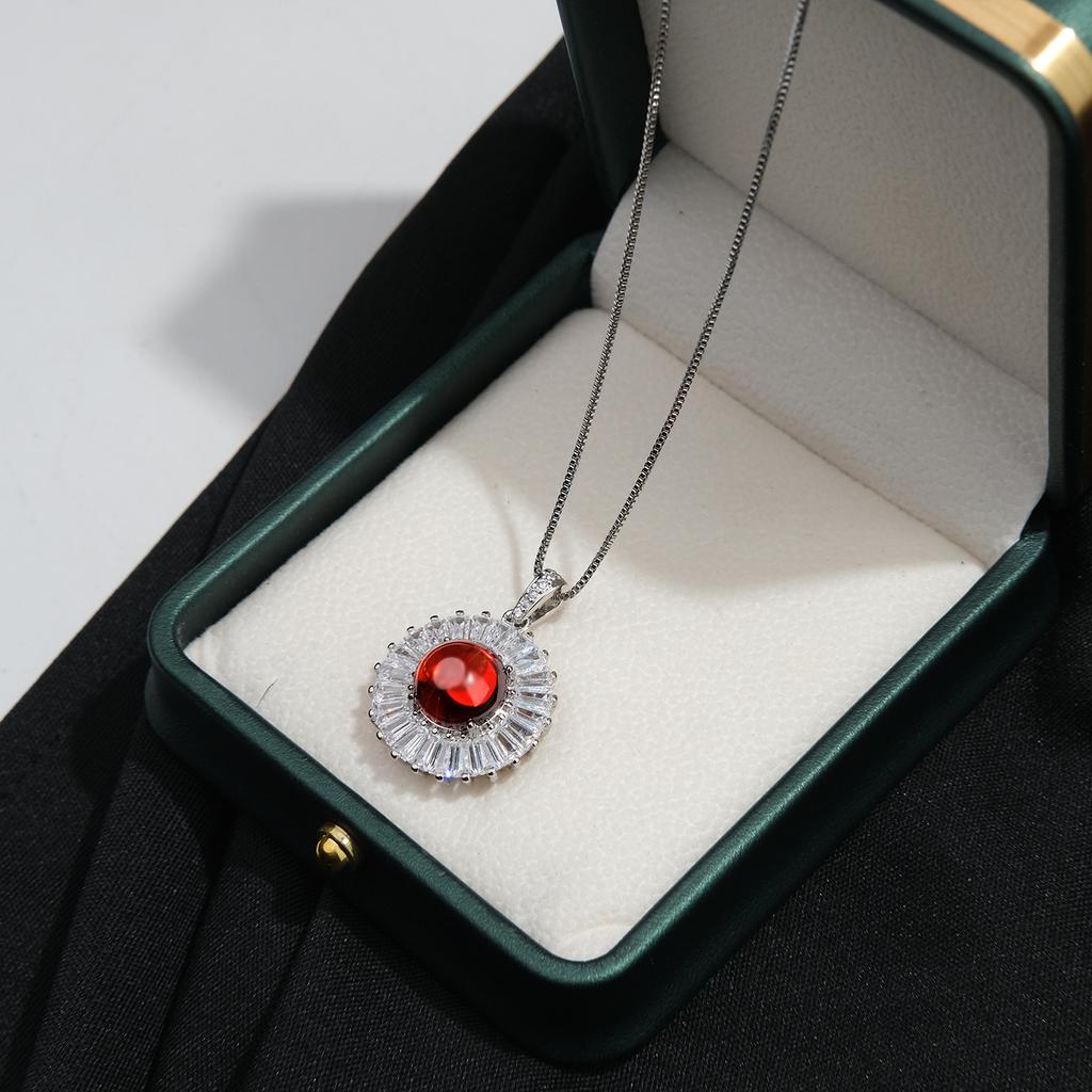 925 Sterling Silver Luxury Design Round Red Zircon Necklace Wedding Anniversary Party Gift