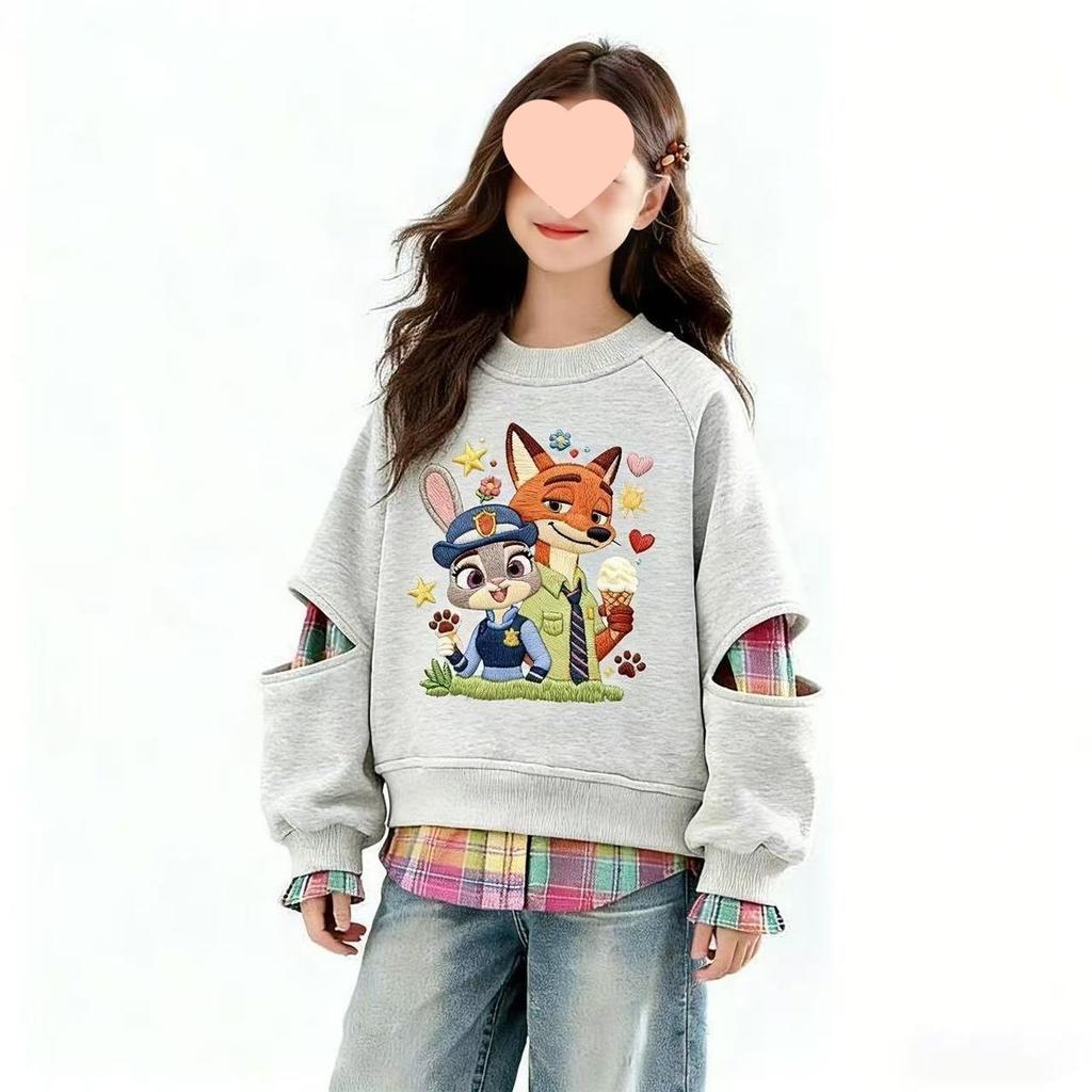 Girls Spring Autumn Two-Tone Sweatshirt with Embroidery Look for Big Kids
