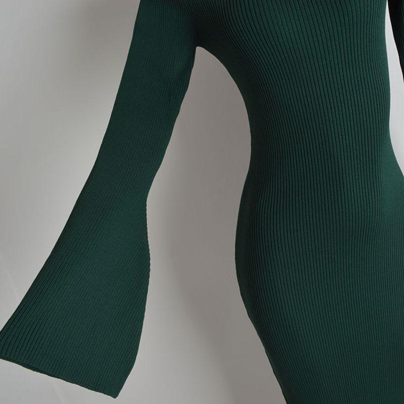 Outer Single Solid Color Square Collar Bell Sleeve Knitting Dress Women's Fall and Winter Fancy Mid Length Long Length Sheath Slit One-Step Skirt