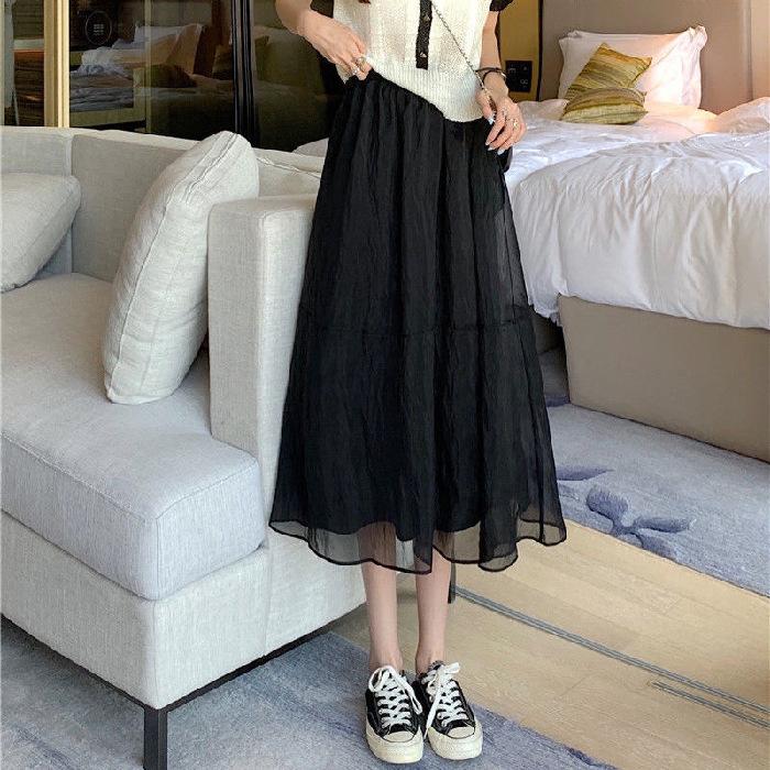 Summer A-shaped skirt women's medium and long gauze skirt Mori sweet pendulum skirt organza skirt
