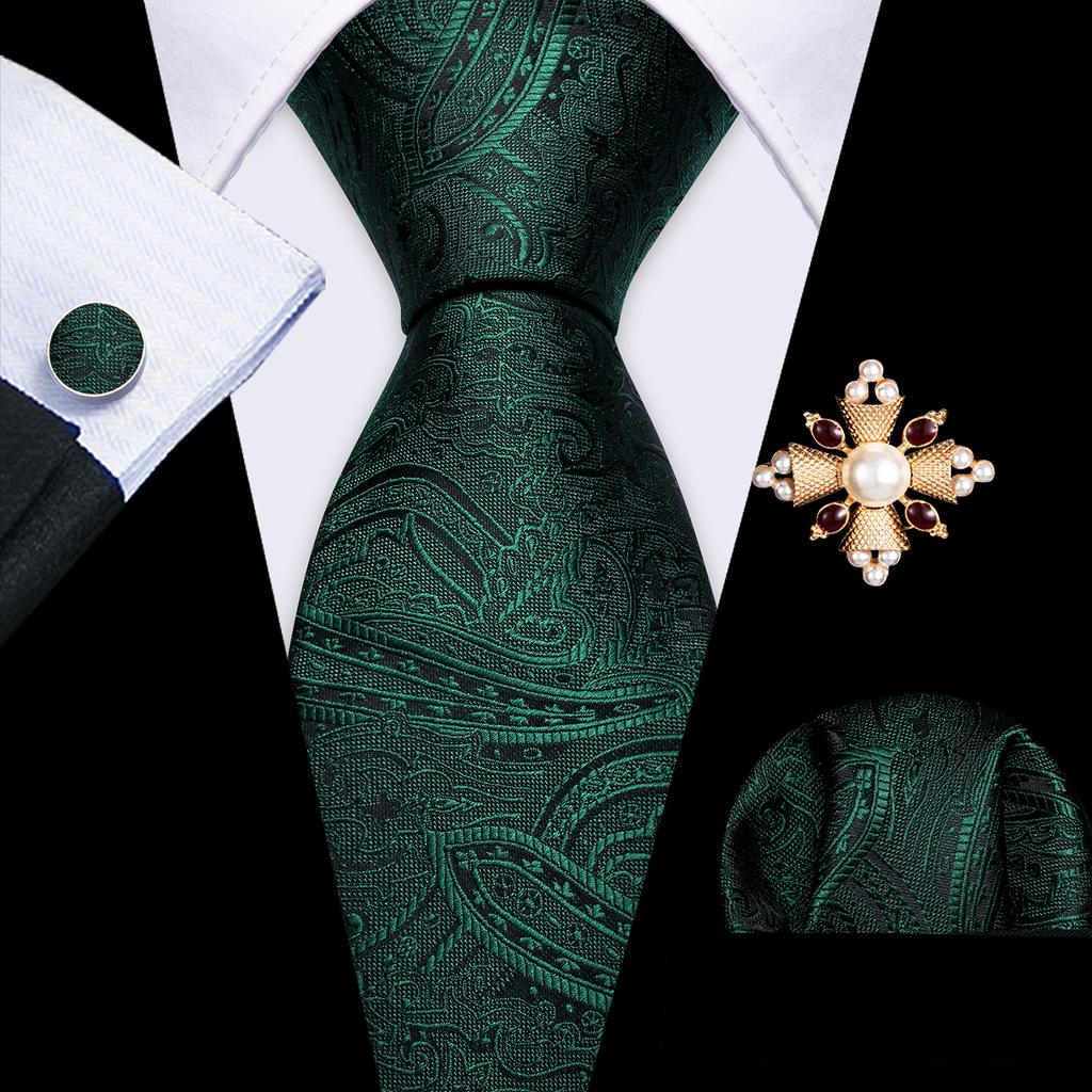 Pearl Brooch with Silk Tie for Men Vintage Floral Teal Necktie Hanky Cufflinks Gift Formal Set