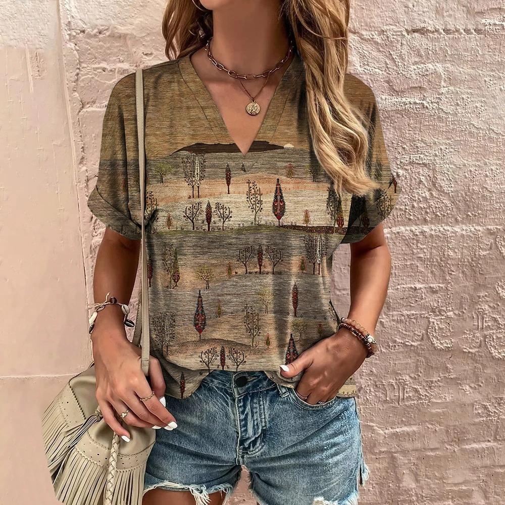 

3D Vintage Graphic Women s V-Neck T-Shirt Summer Outdoor Street Daily Harajuku Style Y2K Short Sleeve Tees Fashion Loose Clothes XL