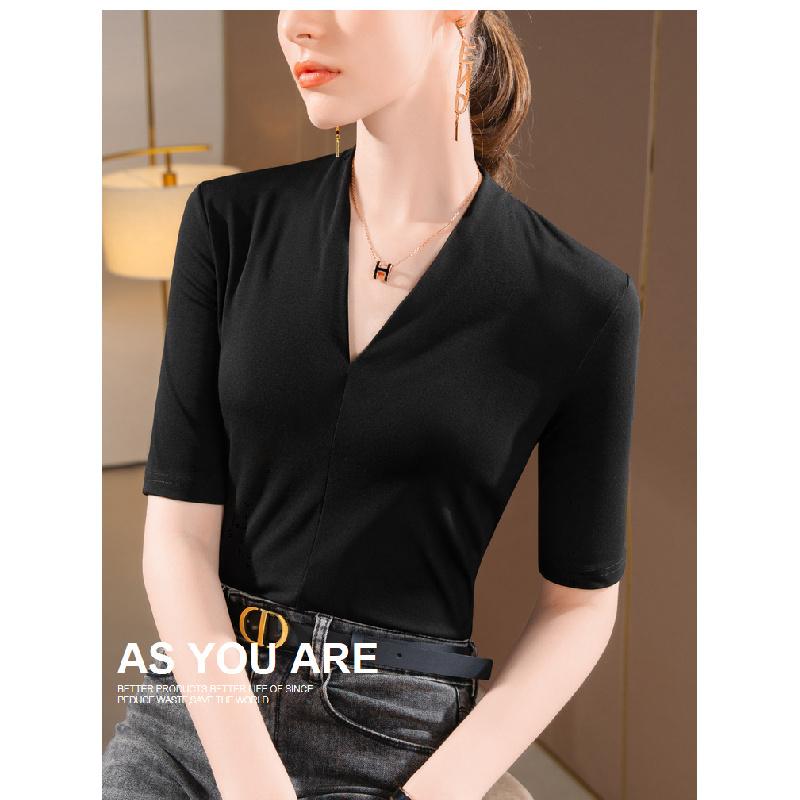 New Mid-sleeve Women's T-shirt 2026, Elegant V-neck Inner Layer, Stretchy Base Shirt, Slim-fit Waist Top