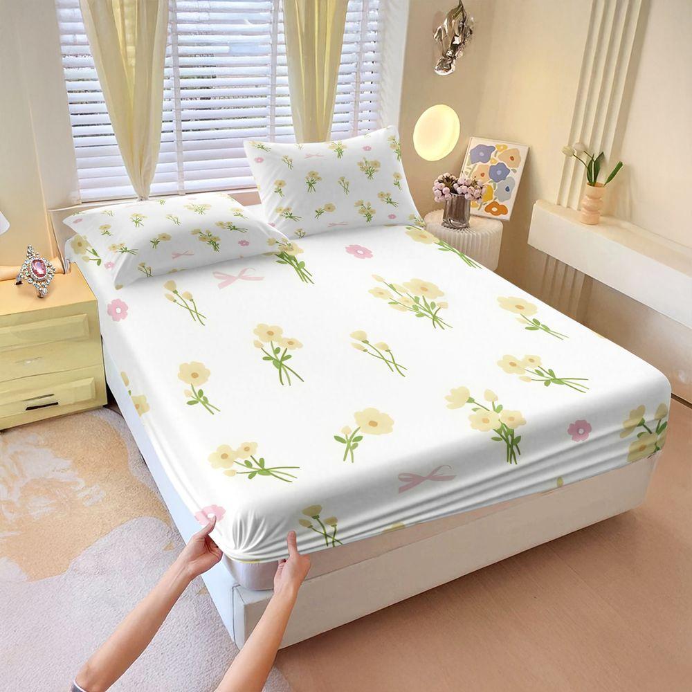 Cream Floral Bow Digital Print Fitted Sheet Set Bed Sheet Set Bedding Set No Fillers Cottage Teen Room Home Decor