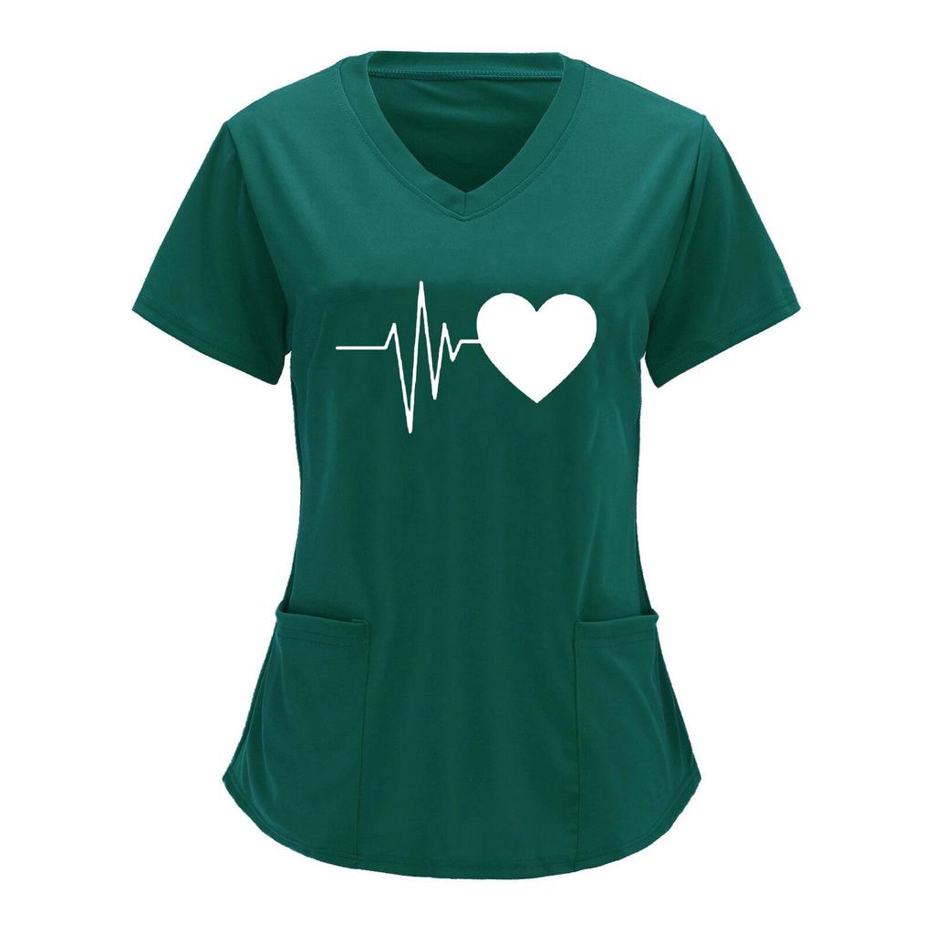 European & American Heartbeat Love Print Nurse Uniform, V-Neck, Double Pocket, Short-Sleeve T-Shirt, Large Size