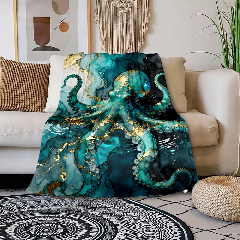 

1PC Blue and gold octopus illustration Print Blanket Warm Soft Suitable for All Seasons for Home Sofa Travel Camping Picnics RV 75x100cm