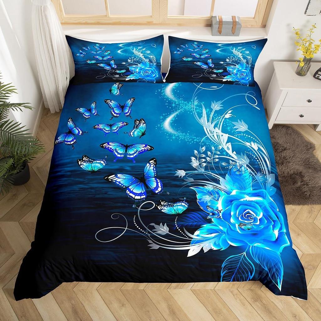 Comforter Butterfly Twin King Romantic Rose Flower Bedding Set 3Pcs For Boys Girls Room Botanical Floral Comforter