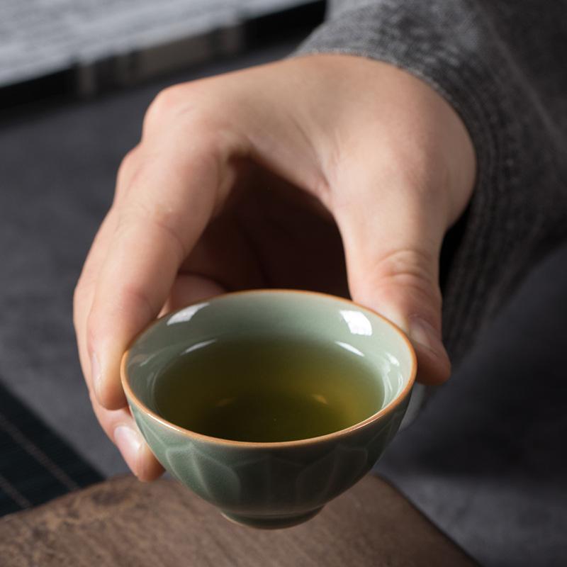 Longquan Celadon Personal Kung Fu Teacup Raw Ore Antique Lotus Petals Tea Cup Single Small Cup Ceramic Creative Tea Bowl