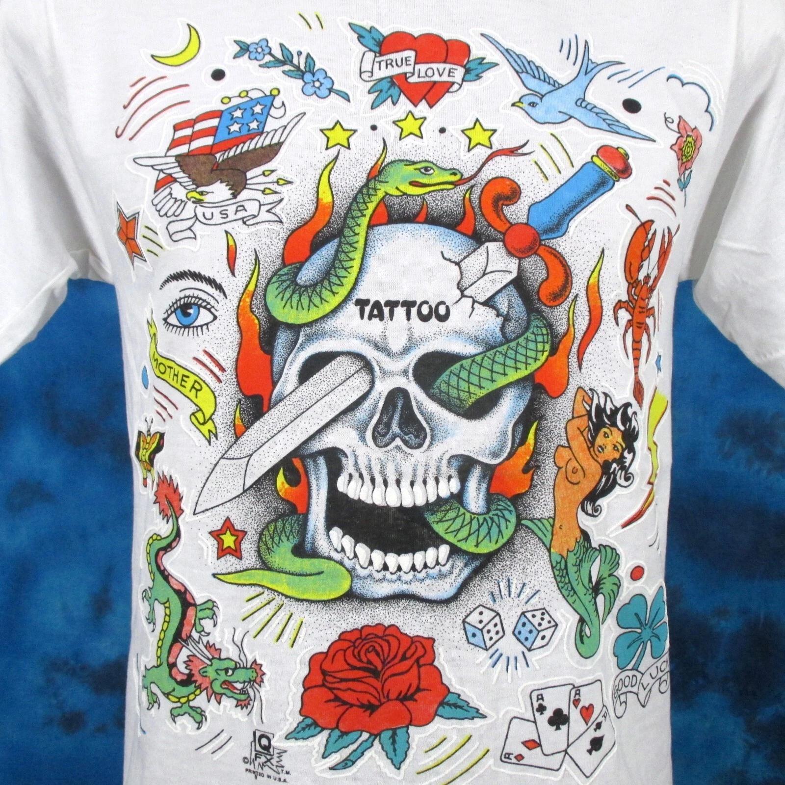 vtg 80s TATTOO SKULL CARTOON Single Stitch T-Shirt SMALL mermaid snake dragon S