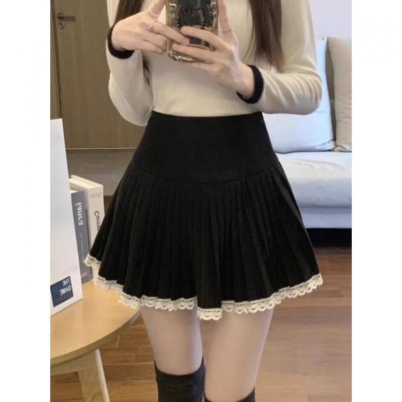Women's Plus Size Woolen Pleated A-line Skirt with Lace Trim - High Waist Puff Design for Spring & Autumn