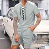 Men's Summer Lace-Up T-Shirt Shorts Set Casual Contrast Shoulder Two-Piece Outfit