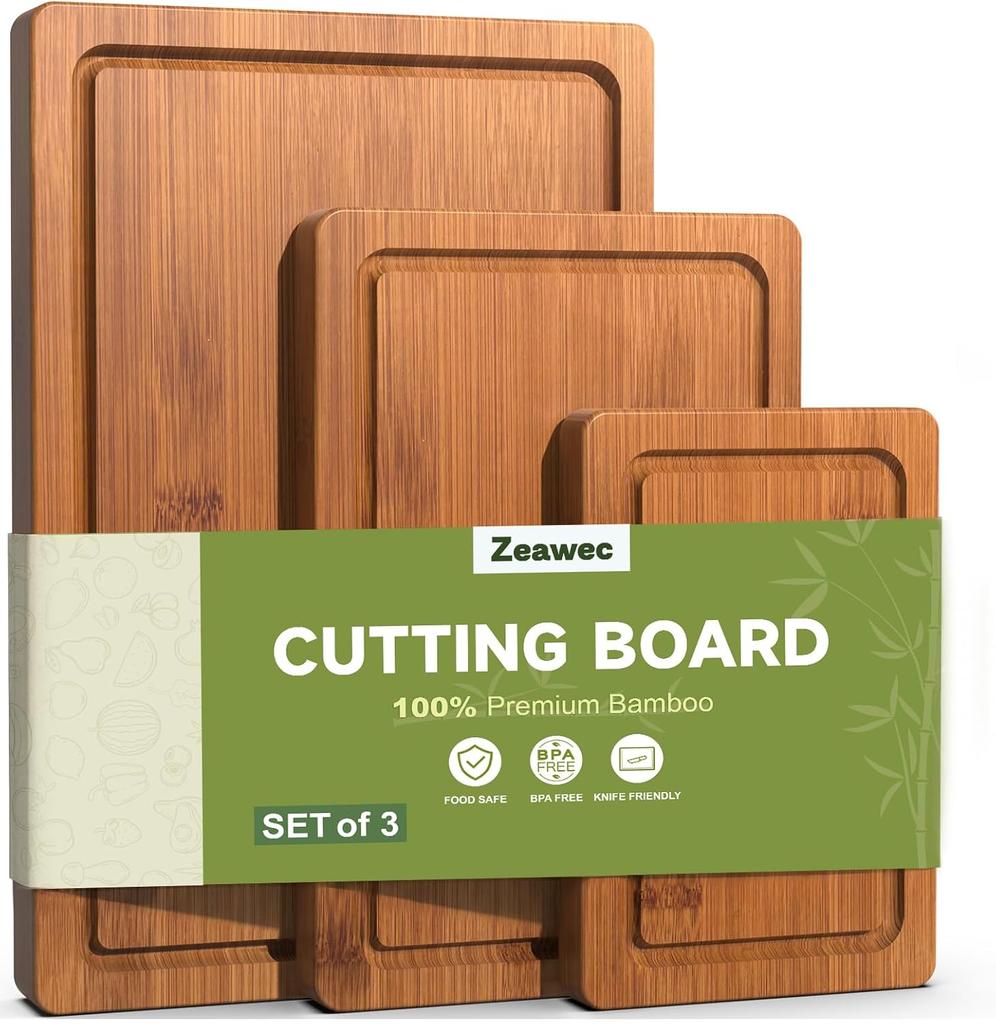 3-Piece Set Bamboo Cutting Board for Kitchen - Crack-Resistant Wood Chopping Boards with Deep Juice Grooves, Pre-Oiled Butcher Block for Meat,