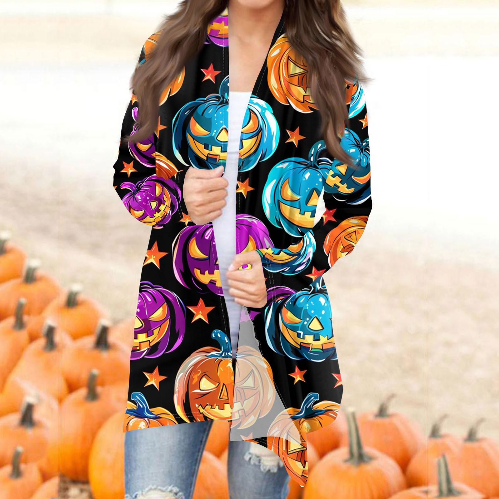 

Женская модная повседневная куртка-кардиган средней длины с принтом на Хэллоуин и нерегулярным подолом L