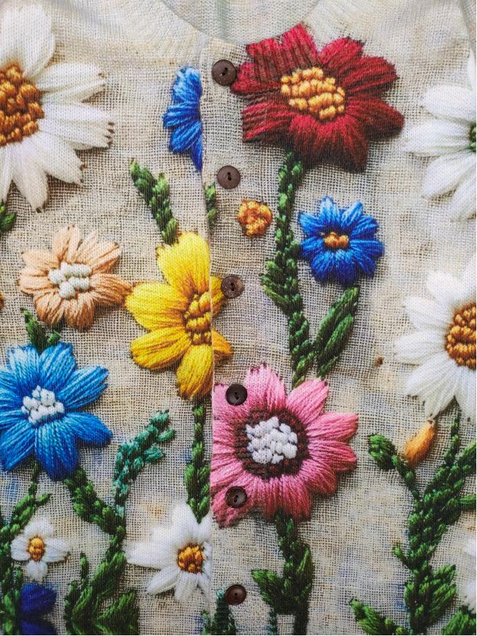 Cardigan Tricoté à Imprimé Floral 3D pour Femme - Col Rond, Manches Longues, Vêtement Décontracté Printemps/Hiver