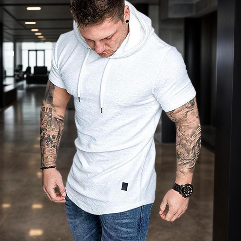 Spring Collection Men's Stylish Short Sleeve Hoodie with Front Pocket & Branded Patch - Casual Athletic Wear