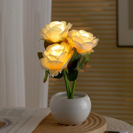 Rose Nachtlicht Künstliche Blume LED Nachttischlampe Tischlampe Kunstrose mit Keramikvase Romantisch