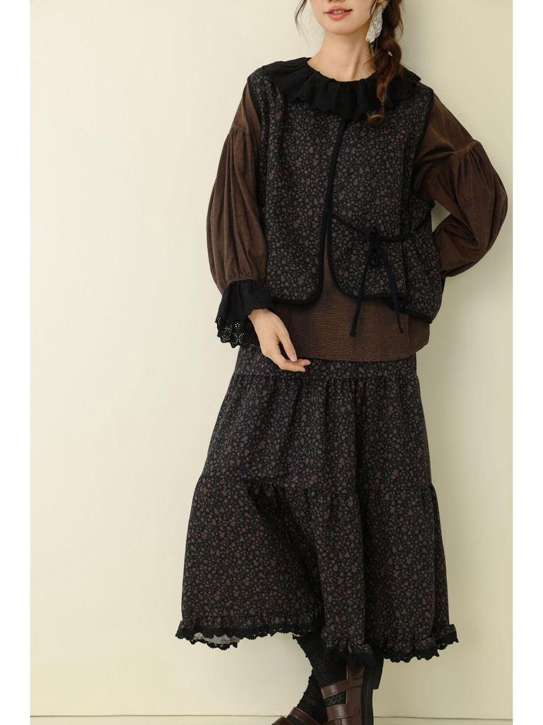 Mori-stil Retro Blommig Dubbellagers Väst med Midi Tårtkjol - Damernas Mångsidiga 2025 Vardagskläder Set