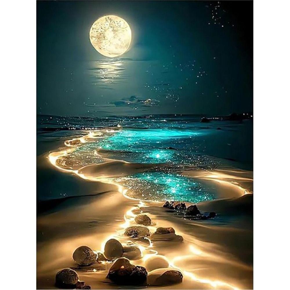 Full Square Diamond Painting Kits Round Diamonds Moonlight Beach Diamond Art Kits Fantasy Landscape DIY Diamond Painting