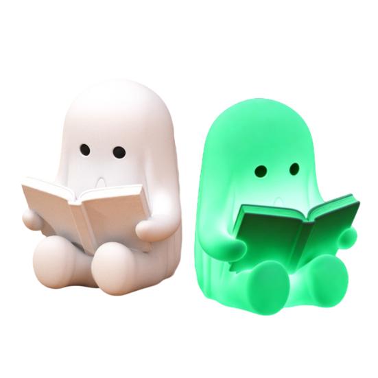 Ghost Reading Book Figurine, 3D Printed Cute Mini Sitting Ghost Statue for Halloween Bookshelf, Desk, Indoor Home Decor
