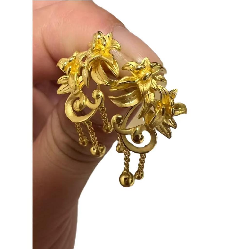 Gold-Plated Wild Lily Tassel Stud Earrings - Lightweight Vintage Flower Ear Clips for Women