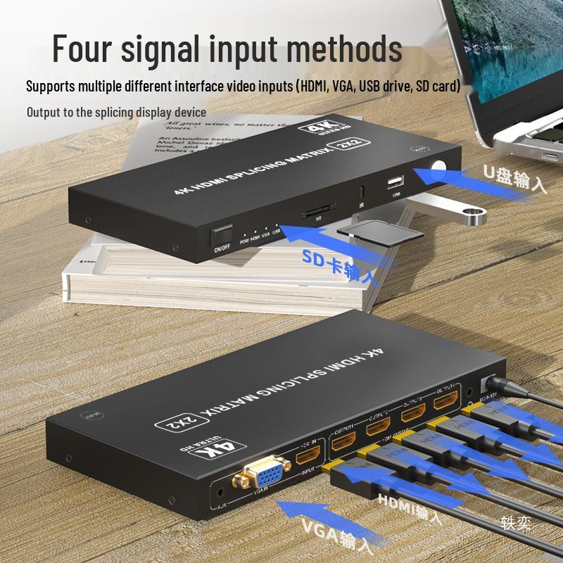 4K HDMI Seamless Splicer: 1 Input, 4 Output Split Screen Monitor with 2x2 Four-Port, USB & SD Video Player