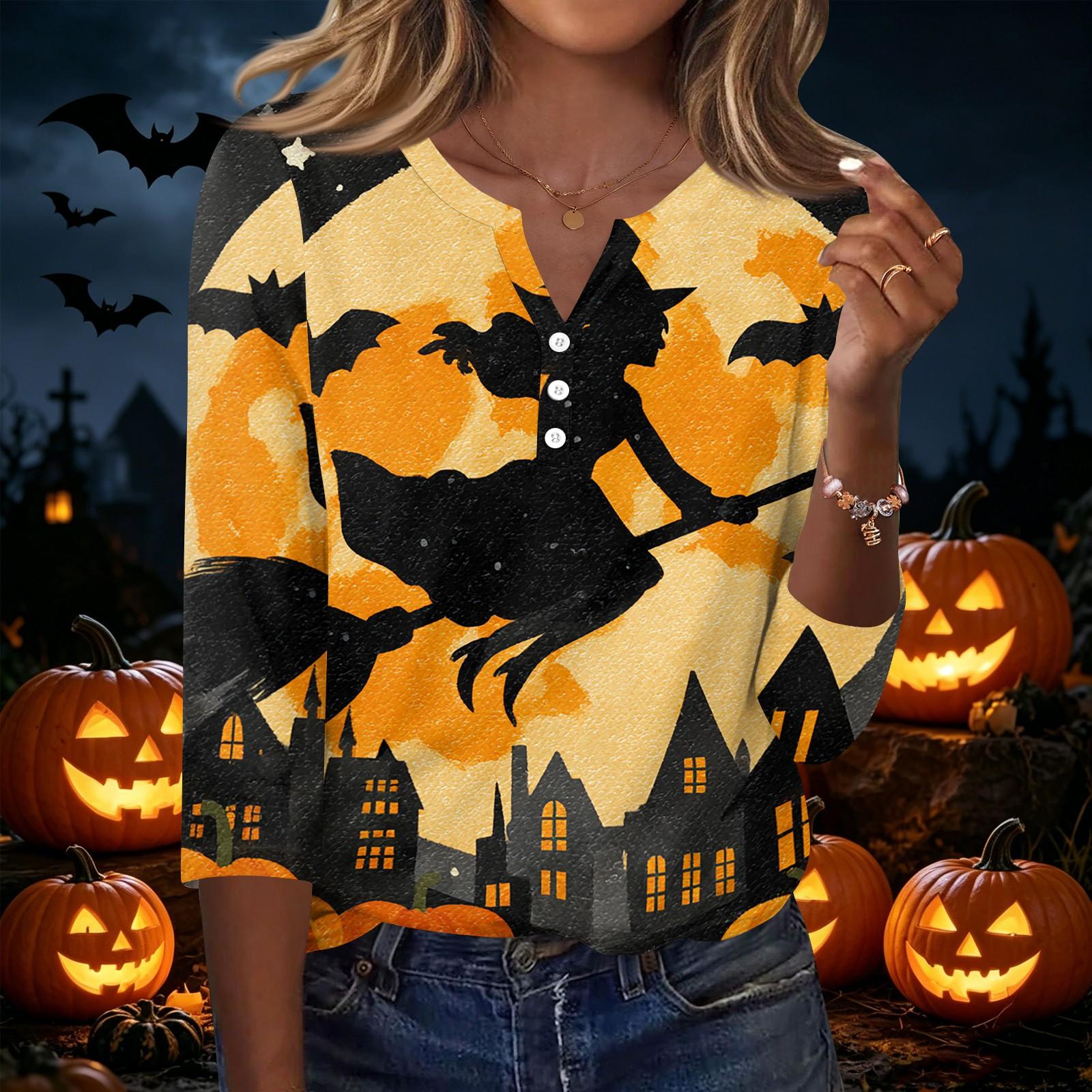 Women s Halloween V-Neck Button Printed T-Shirt - Three-Quarter Sleeve Casual Blouse for Holiday Party S