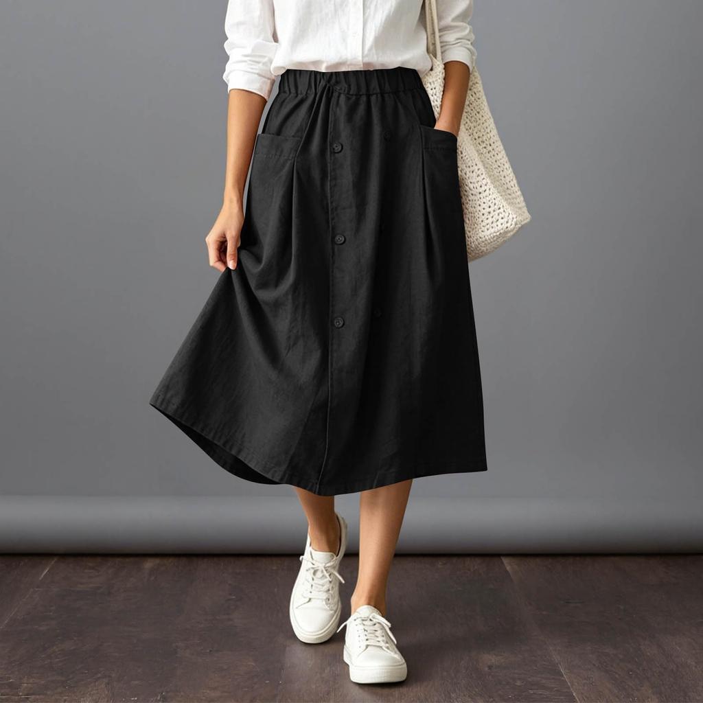 Women's Casual Vintage Loose Fit Midi Skirt with Pockets Elastic Waistband Button Front Design Comfortable Everyday Wear