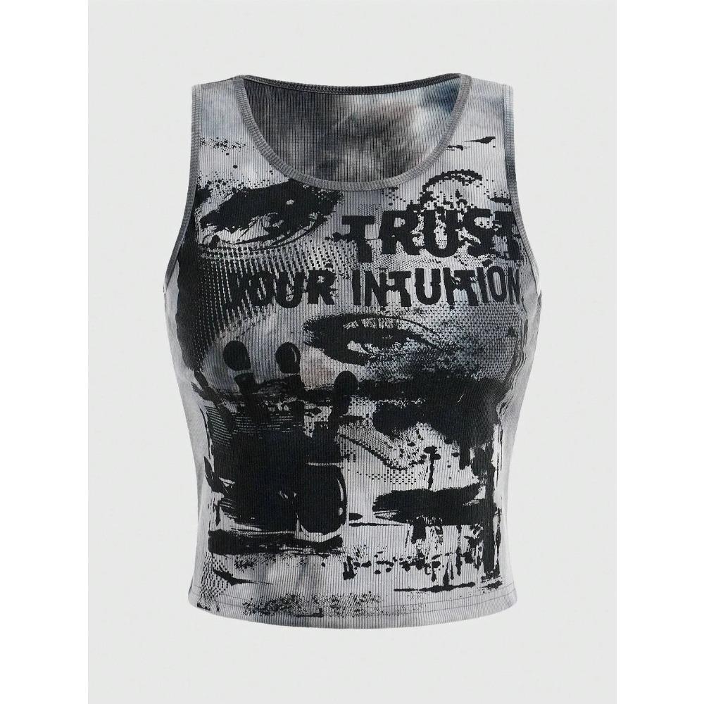 Grunge Punk Batikovaný Top bez rukávů s grafikou oka a písmene pro ženy Letní Y2K oblečení Ležérní kulatý výstřih Bez rukávů Crop top Vesta Streetwear