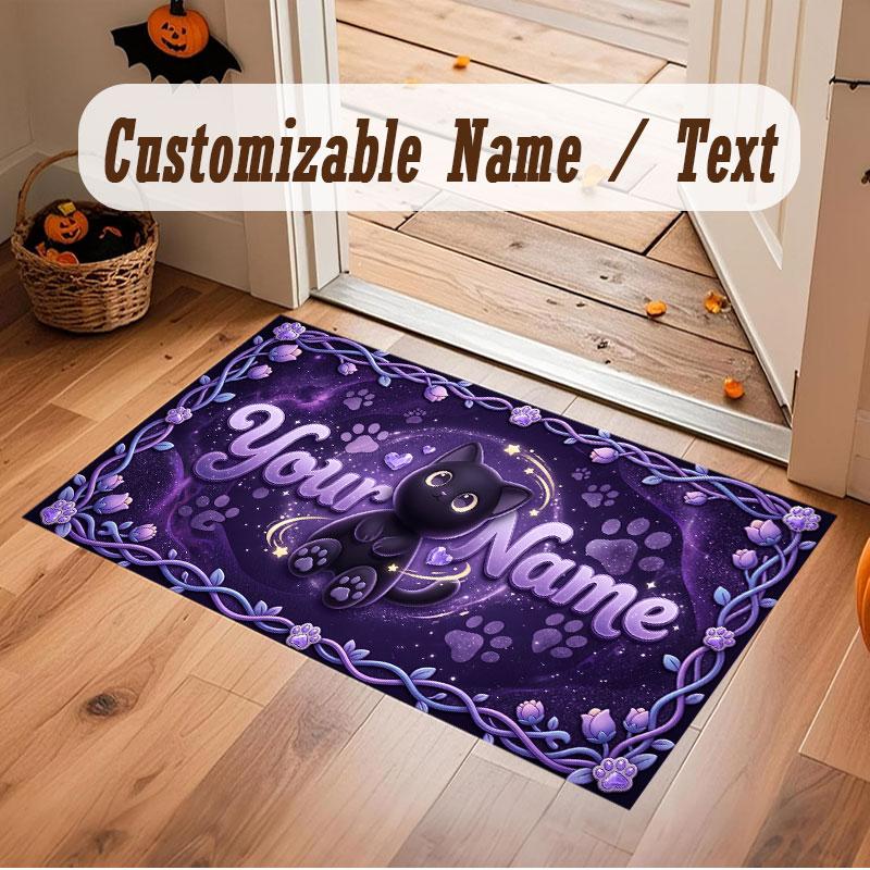 Cat Theme Crystal Velvet Floor Rug Personalized Custom Name Text Warm Carpet Home Decoration