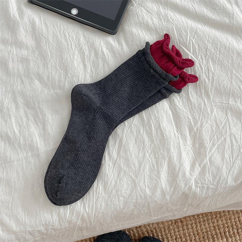 Women's Spring and Autumn Color Matching Double Collar Color Pure Cotton Boneless Tube Pile Socks