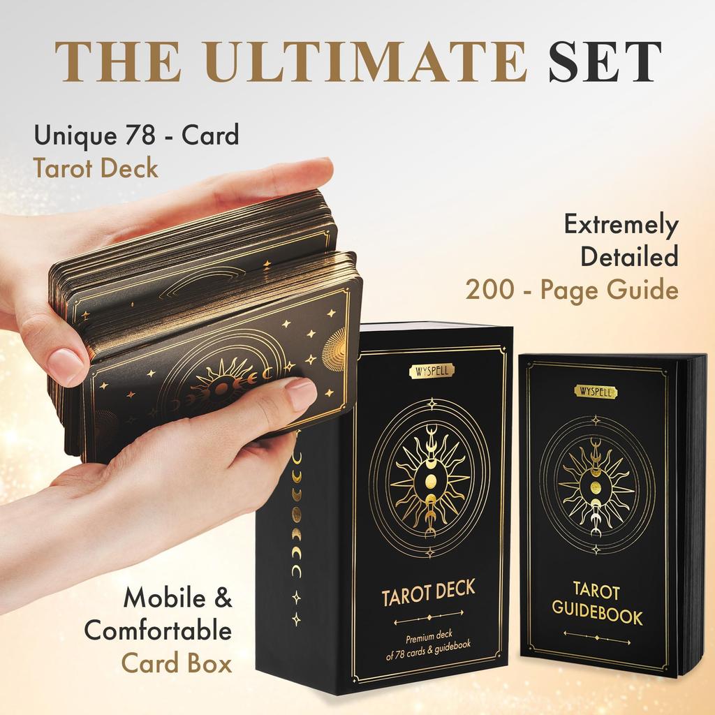 Wyspell Classic Tarot Deck with Guidebook 78 Gold Tarot Cards for Beginners Tarot Deck Set Black Tarot Decks with Guidebook Original Tarot Cards Deck